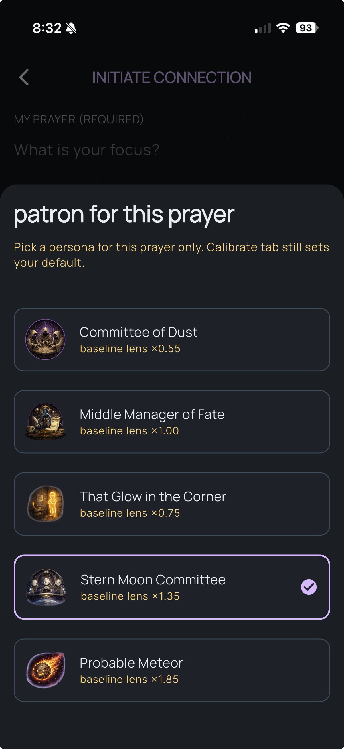 Patron picker sheet for choosing a persona on this transmission