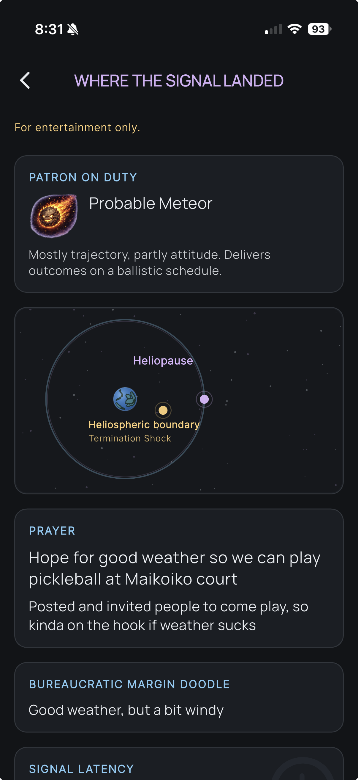 Result screen showing fictional cosmic destination readouts